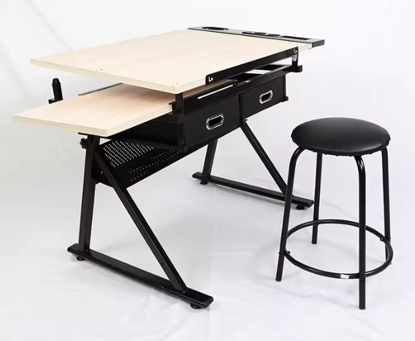 ZOIFUN High Quality Height Adjustable Artist Desk Tilting Table Top Drawing Table Drafting With 2 Storage and Stool