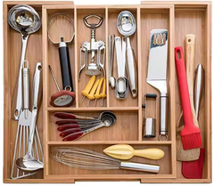 Expandable Cutlery Utensil Bamboo Organizer Silverware Kitchen Tray with Drawer Flatware Storage Holder for Spoon Fork Knife