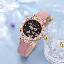 Women's Watch Latex Strap Butterfly Necklace Bracelet Earrings Ring Jewelry Set Girls Gift