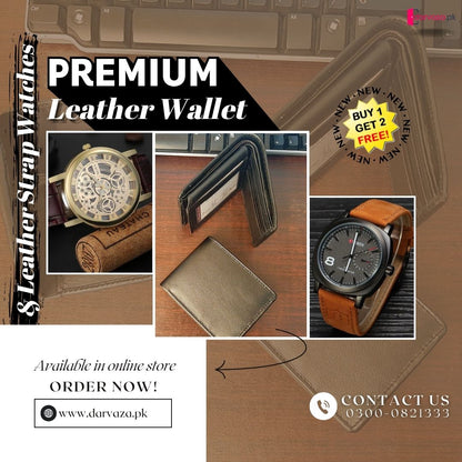 Buy 1 Get 2 Free Deal 2 Imported Leather Strap Wrist Watches & Original Leather Wallets For Men